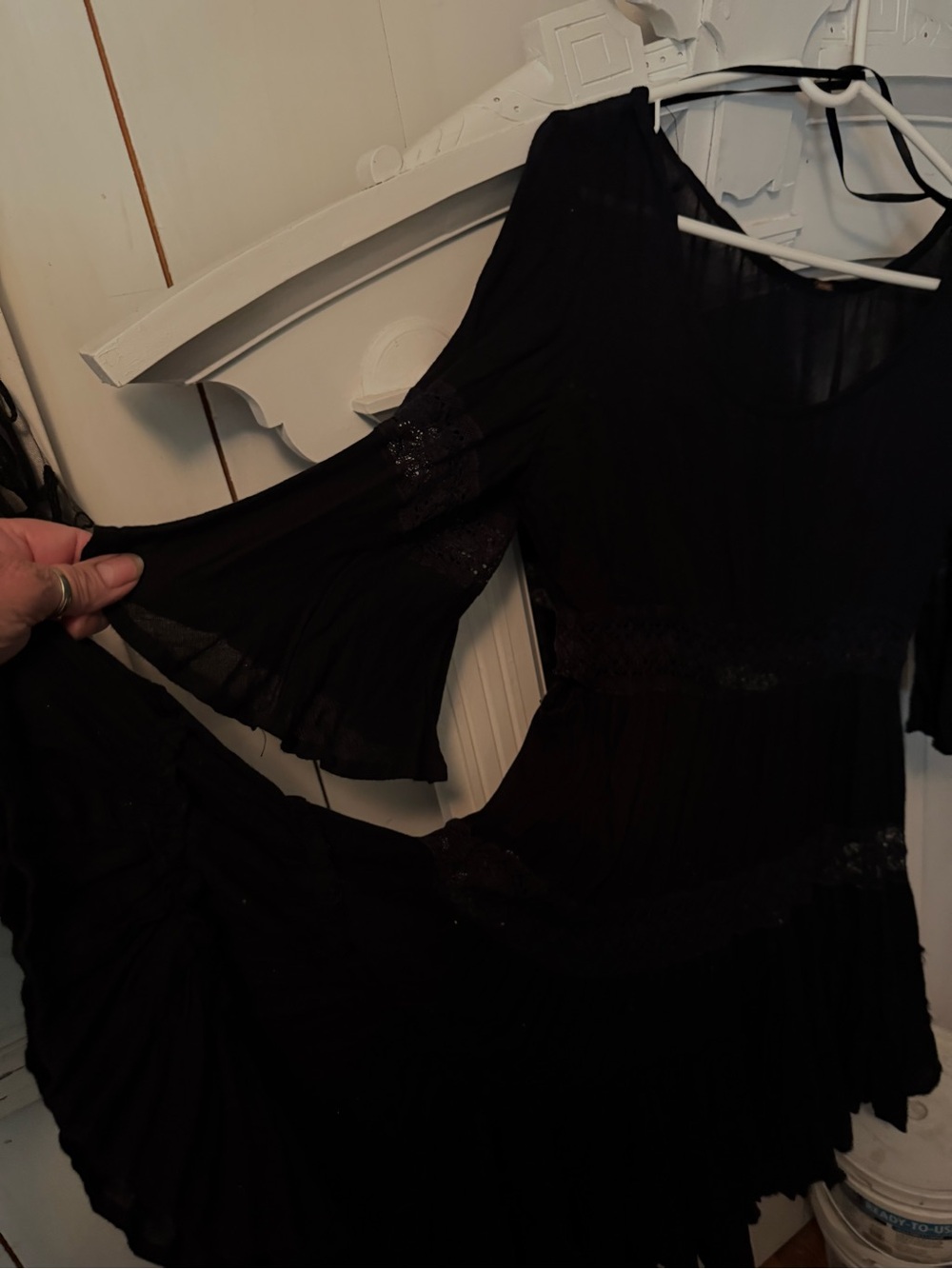 Free People Black Flowing Crepe Bell-Sleeve short Dress with lace bands